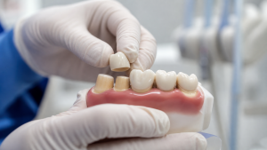 A porcelain dental crown being placed on a prepared tooth at My Dentist Alderley.